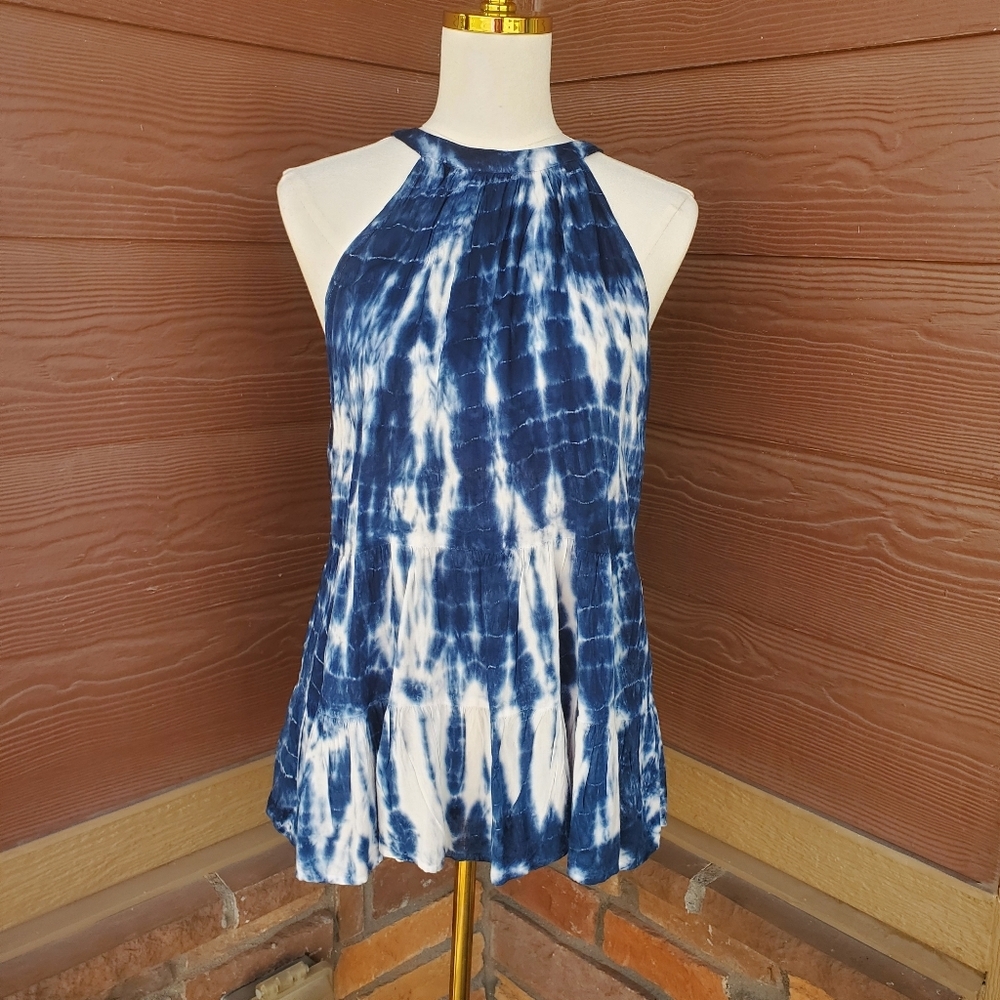 NWT NY&C Sleeveless Blue and White Tie-Dye Halter Neck Blouse Women's Size Large